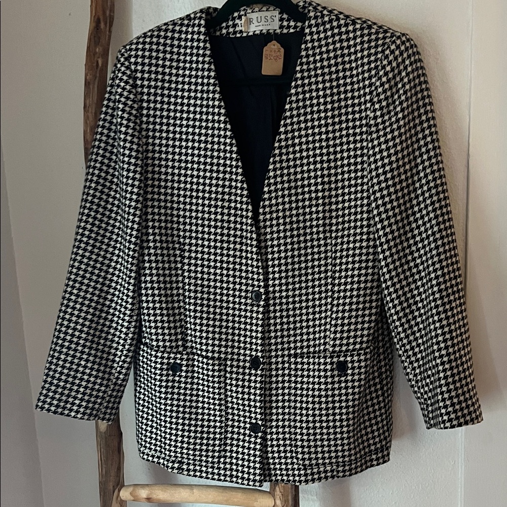 Russ Houndstooth Vintage Wool Collarless Blazer Black and White Large